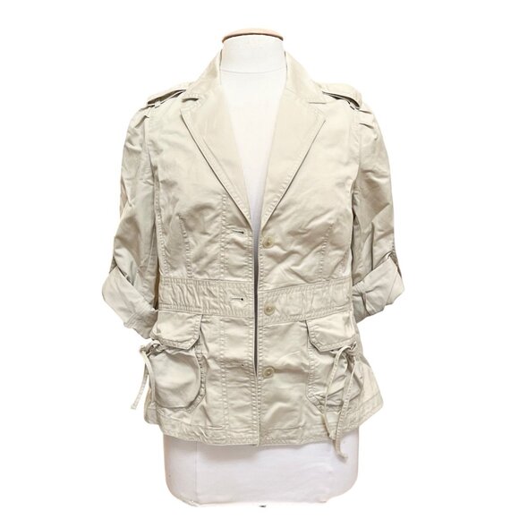 Ann Taylor Safari Style Jacket Khaki‎ Roll Up Sleeves Cargo Pockets Medium  NWT - Picture 1 of 12